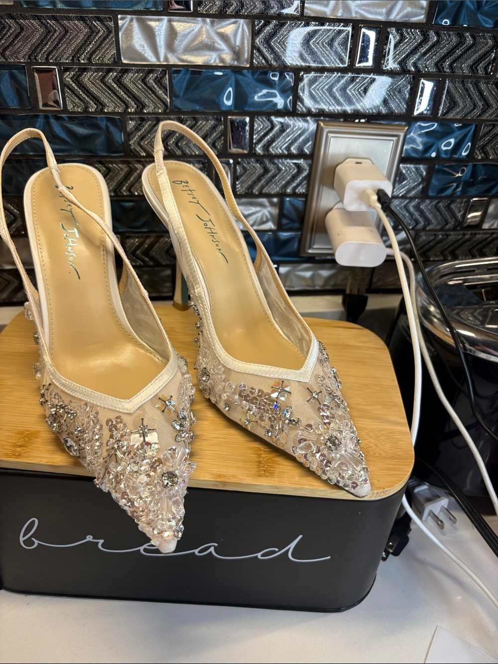 Betsey Johnson Champagne Beaded Crystal Slingback Heels